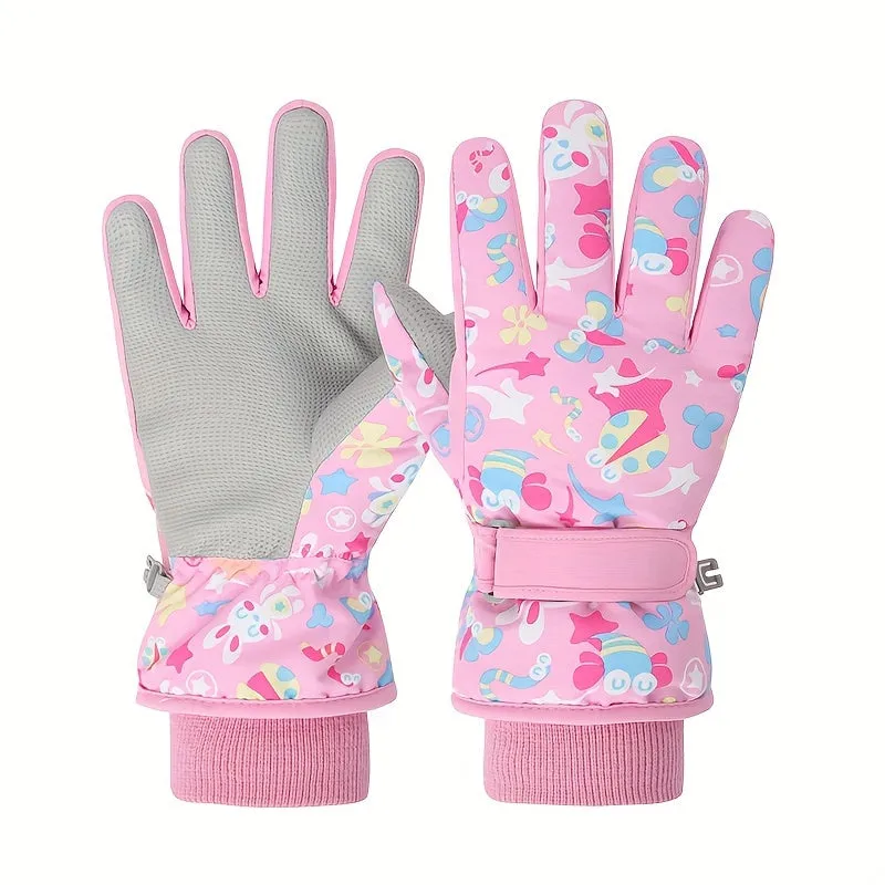 1 Pair Kids Winter Ski Gloves - Windproof, Cotton-Lined, Woven Polyester - Cartoon Design for Boys and Girls - Ideal for Snow Sports - Dry Clean Only - Mixed Colors