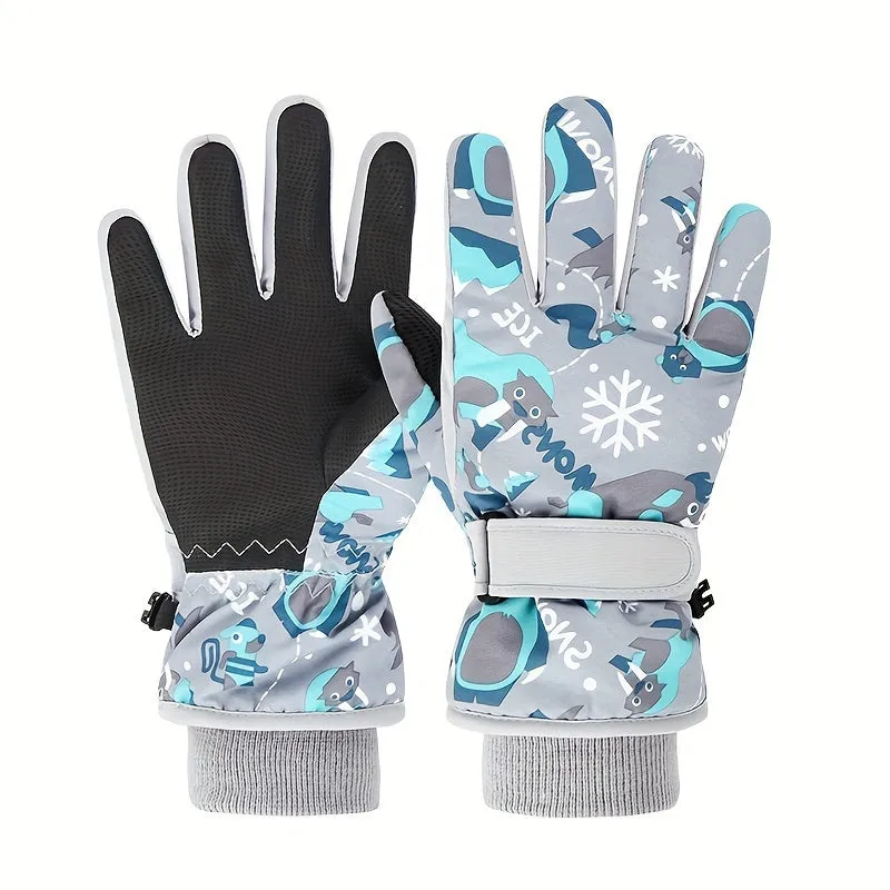 1 Pair Kids Winter Ski Gloves - Windproof, Cotton-Lined, Woven Polyester - Cartoon Design for Boys and Girls - Ideal for Snow Sports - Dry Clean Only - Mixed Colors