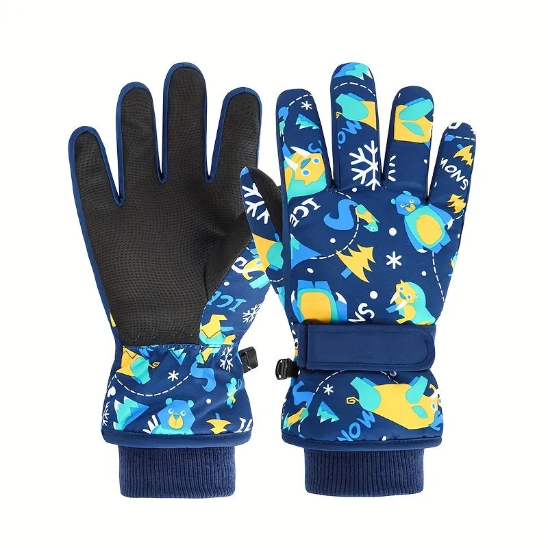 1 Pair Kids Winter Ski Gloves - Windproof, Cotton-Lined, Woven Polyester - Cartoon Design for Boys and Girls - Ideal for Snow Sports - Dry Clean Only - Mixed Colors