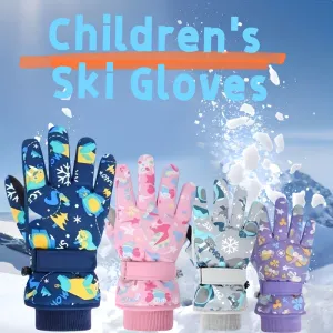 1 Pair Kids Winter Ski Gloves - Windproof, Cotton-Lined, Woven Polyester - Cartoon Design for Boys and Girls - Ideal for Snow Sports - Dry Clean Only - Mixed Colors