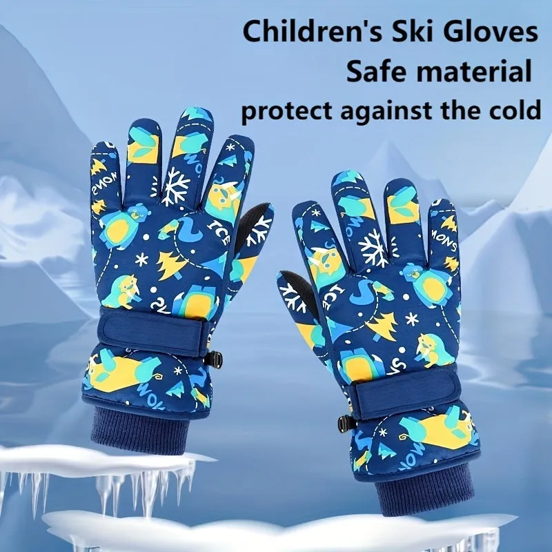 1 Pair Kids Winter Ski Gloves - Windproof, Cotton-Lined, Woven Polyester - Cartoon Design for Boys and Girls - Ideal for Snow Sports - Dry Clean Only - Mixed Colors