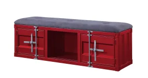 2 Metal Door Storage Bench With Open Compartment And Fabric Upholstery, Red By Benzara