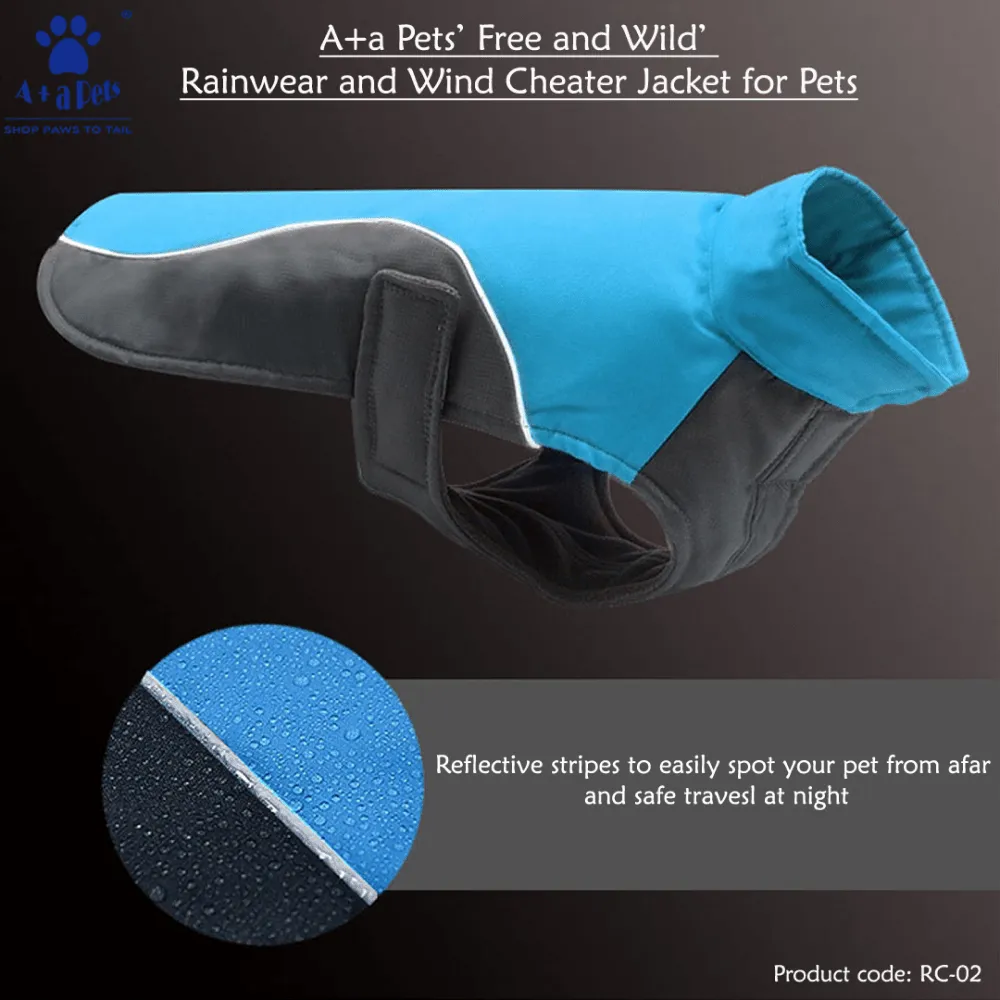 A Plus A Pets Free & Wild Warm Rainwear Wind Cheater Jacket for Dogs and Cats (Blue)