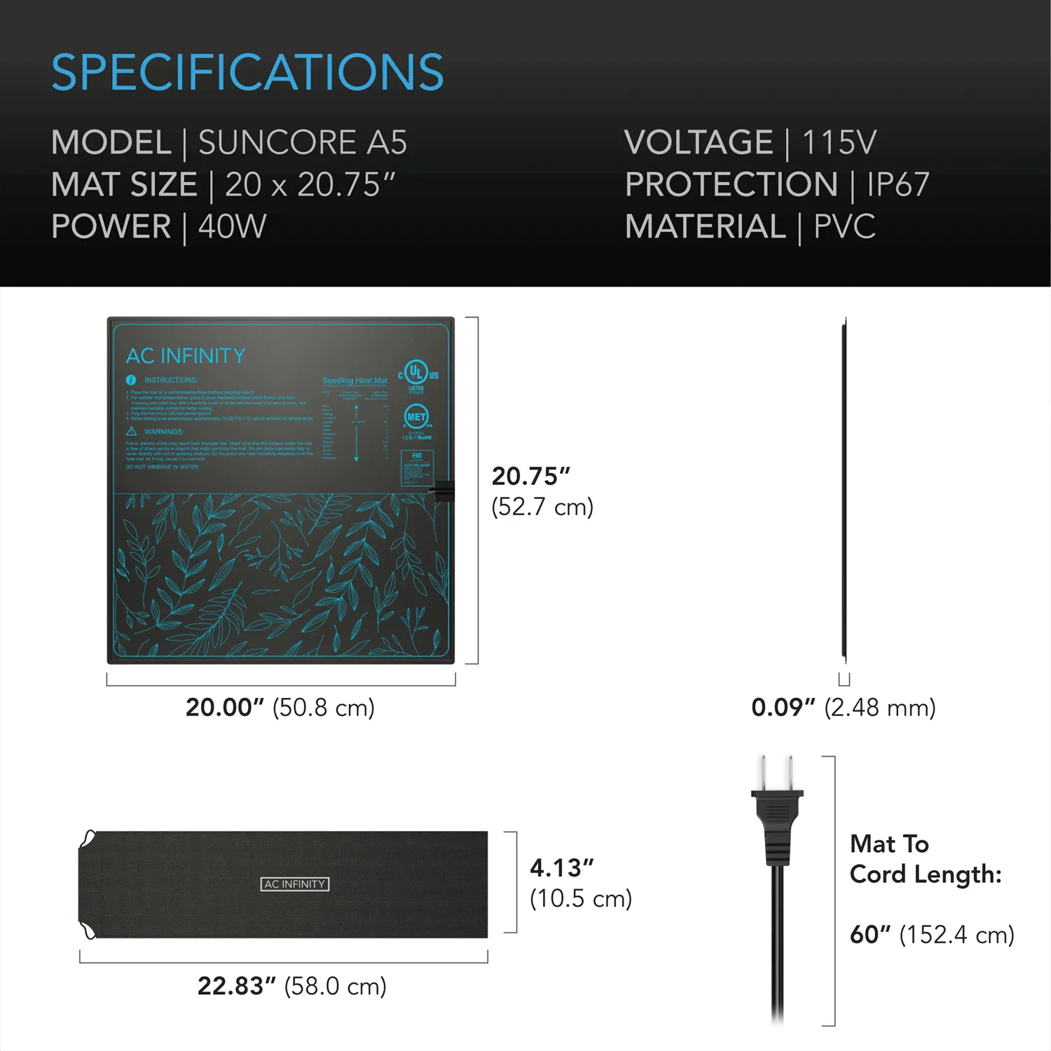 AC Infinity SUNCORE A5, Seedling Heat Mat, IP-67 Waterproof, 20" x 20.75"