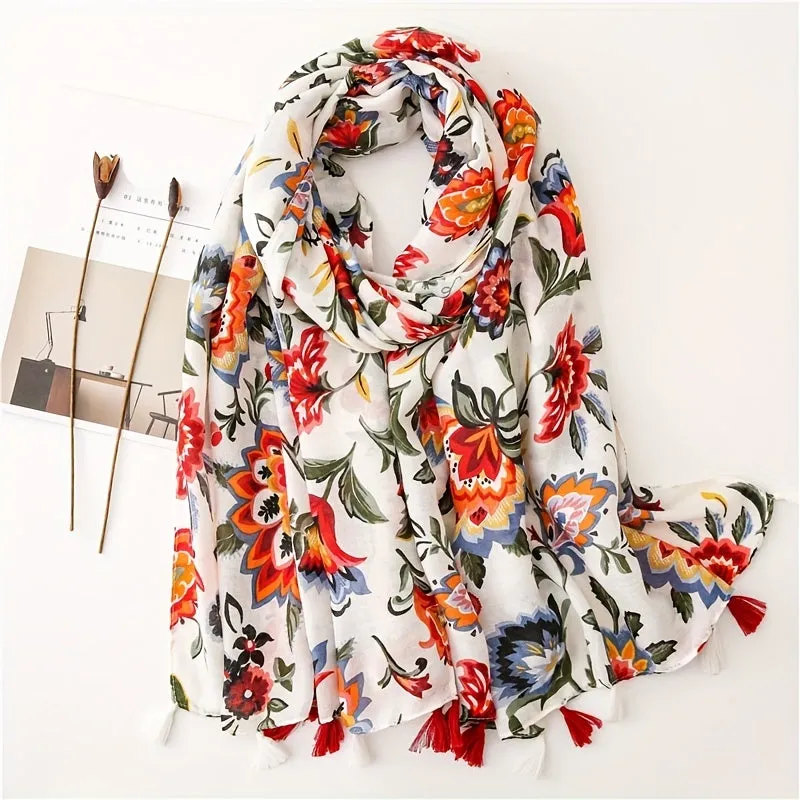 Bohemian Chic Warm Travel Shawl with Tassels – Womens Versatile Retro Print Scarf for All Seasons