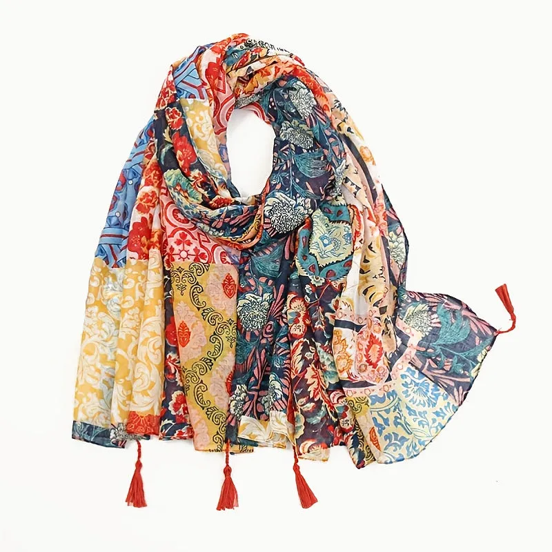 Bohemian Chic Warm Travel Shawl with Tassels – Womens Versatile Retro Print Scarf for All Seasons