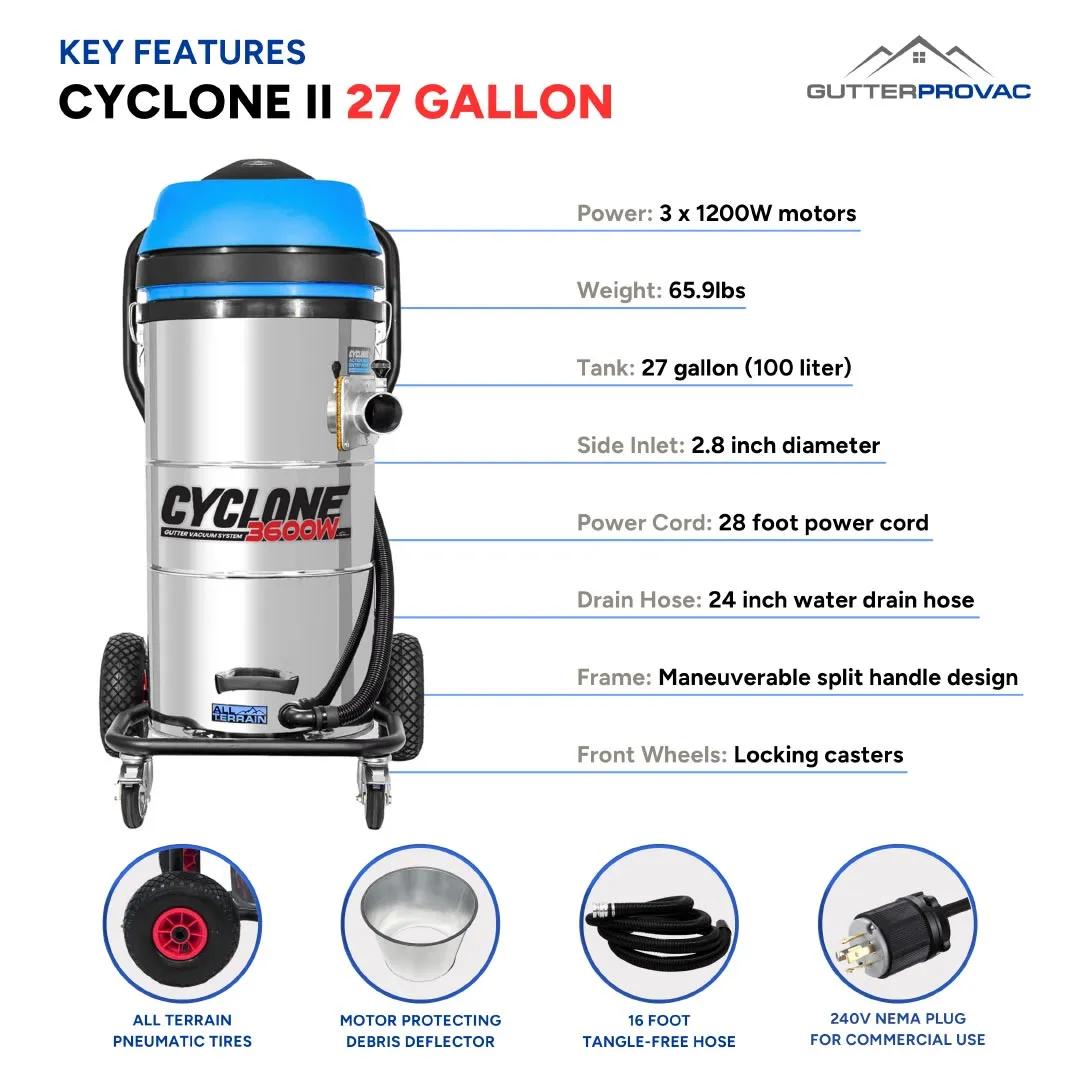 Cyclone II 3600W Stainless Steel 27 Gallon All Terrain Gutter Vacuum with 28 Foot Carbon Clamping Poles and Bag