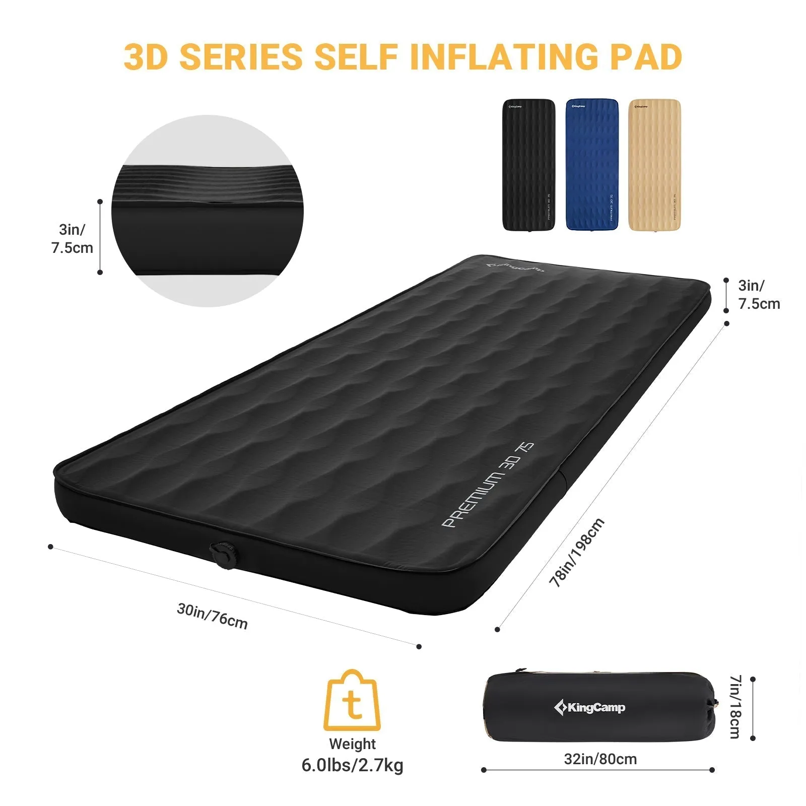 KingCamp Black Single 3D 3" Thick Self-Inflating Sleeping Mattress