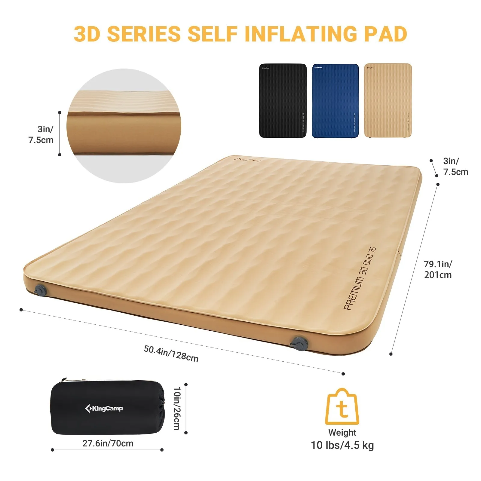 KingCamp Khaki Double 3D 3" Thick Self-Inflating Sleeping Mattress