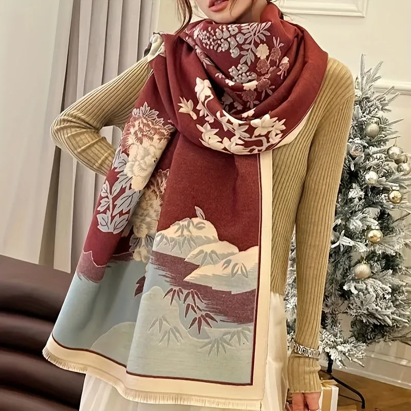 Luxury Double Sided Jacquard Scarf - Landscape Pattern, Thick & Warm, Fringed Shawl - Windproof Winter Outdoor Accessory