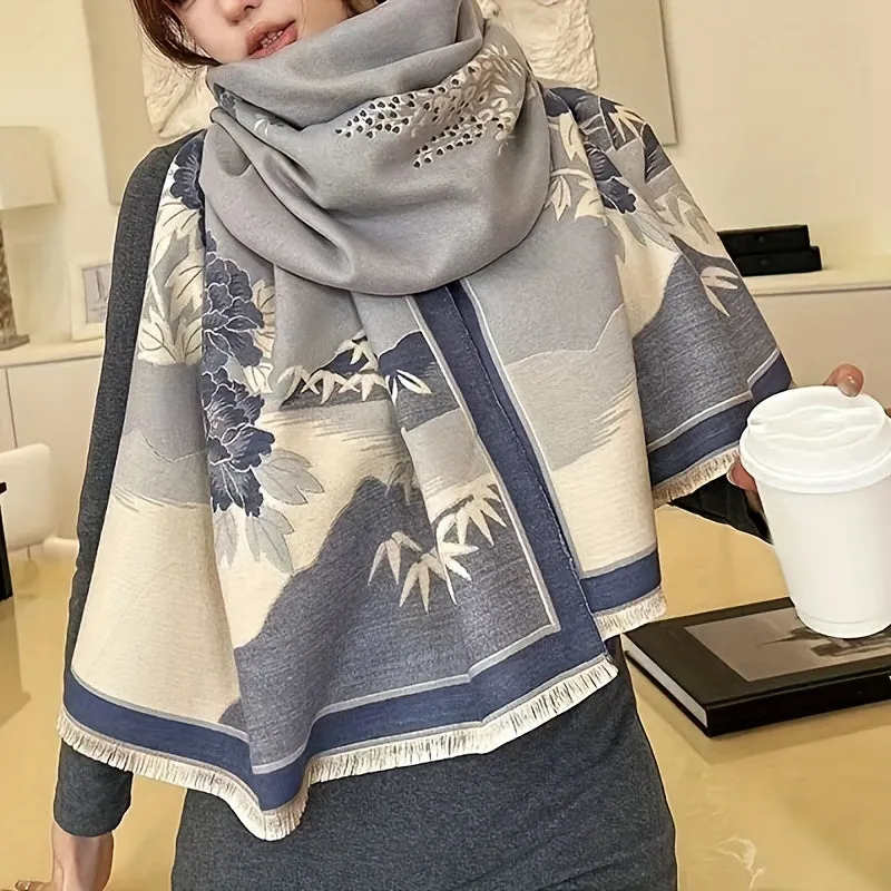 Luxury Double Sided Jacquard Scarf - Landscape Pattern, Thick & Warm, Fringed Shawl - Windproof Winter Outdoor Accessory