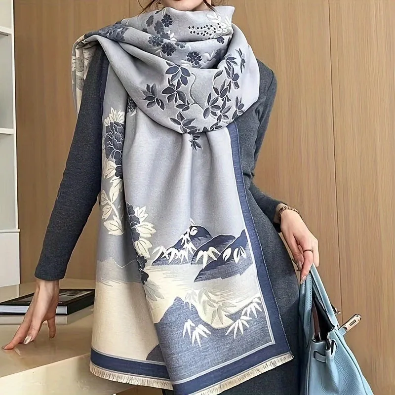 Luxury Double Sided Jacquard Scarf - Landscape Pattern, Thick & Warm, Fringed Shawl - Windproof Winter Outdoor Accessory