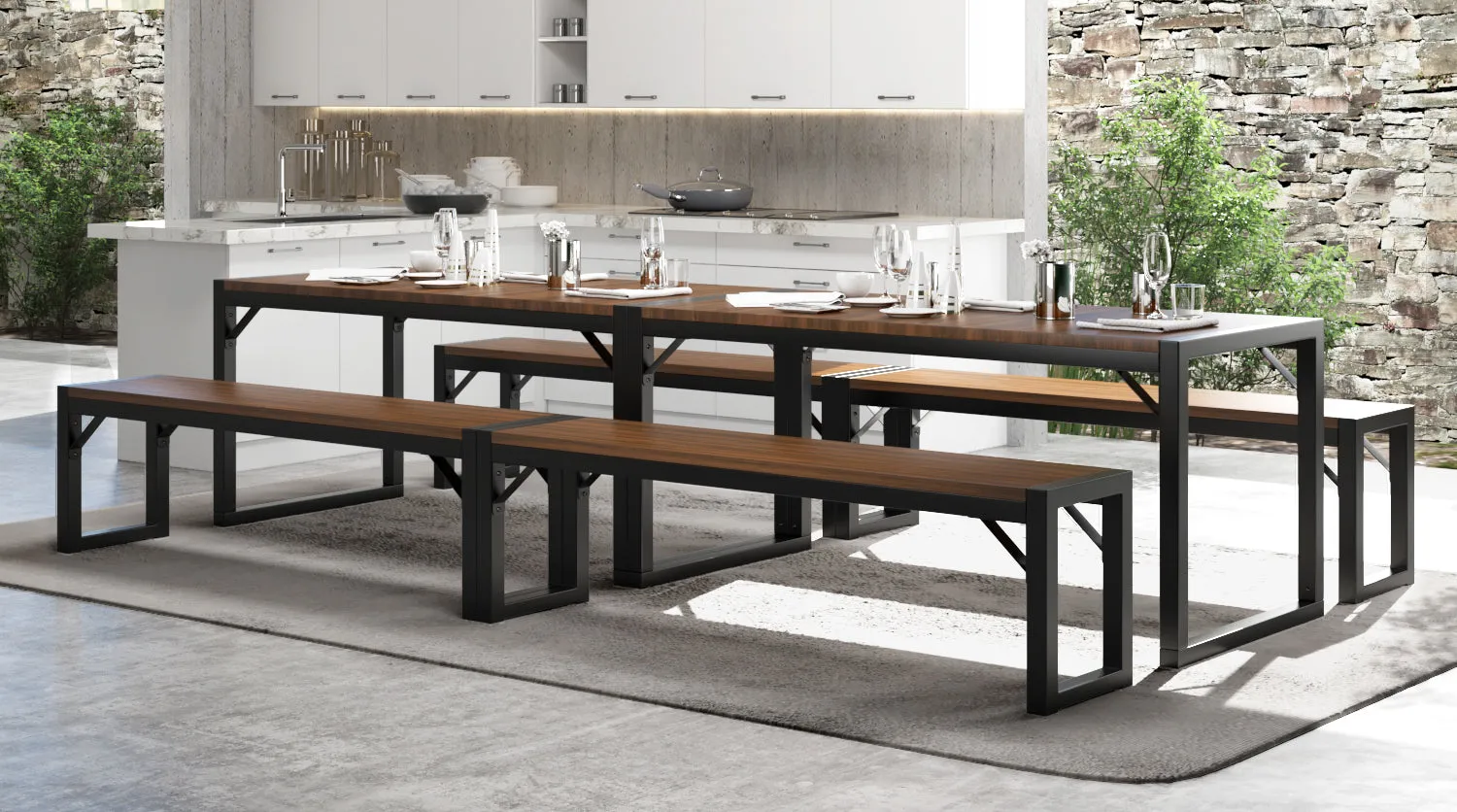 Modern Industrial Soho Dining Table Set, Dining/Kitchen Table Set with Benches