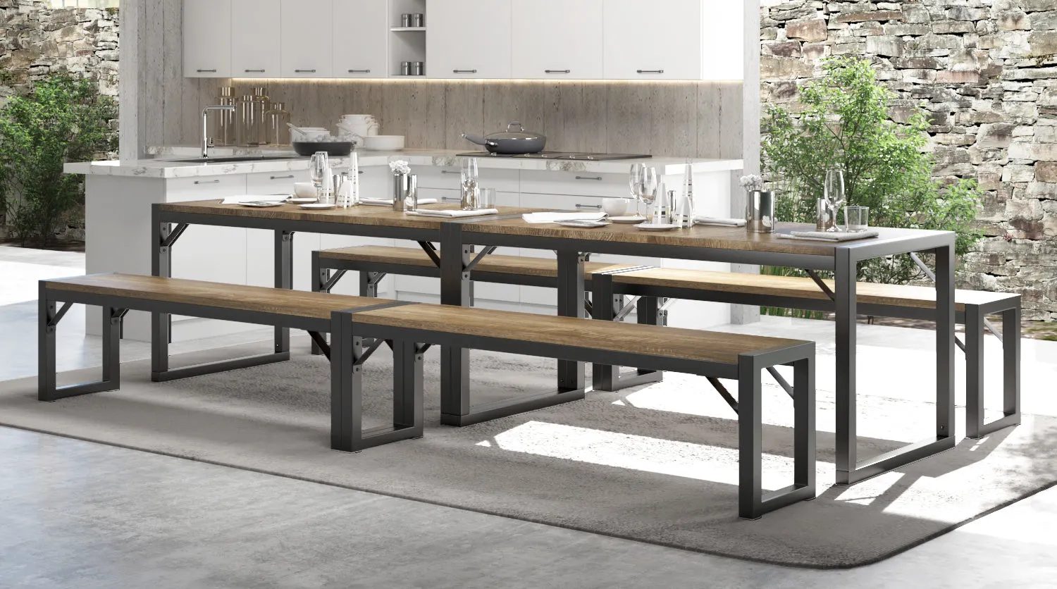 Modern Industrial Soho Dining Table Set, Dining/Kitchen Table Set with Benches