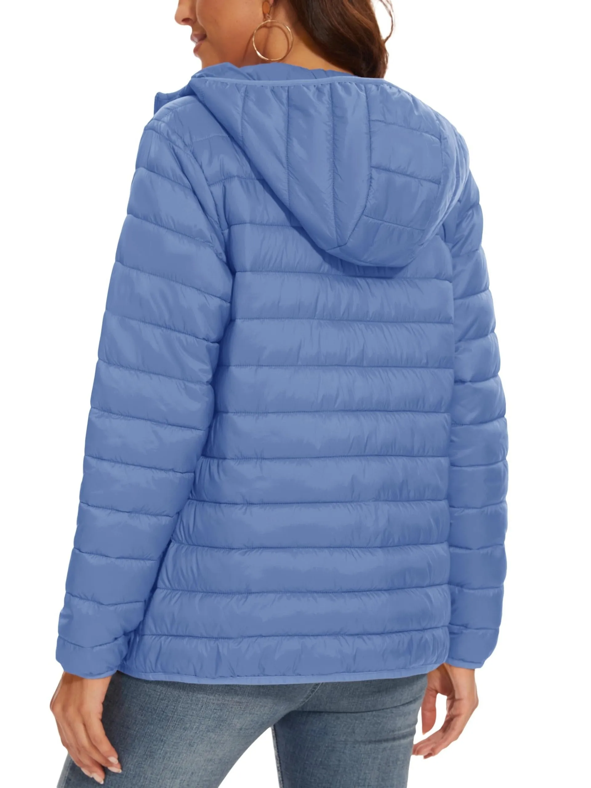 Women's Hooded Puffer Jacket - Water Resistant, Quilted, Padded, Lightweight, Zip-up, 4 Pockets, Casual, Solid, Warm, Fall, Windproof, Hiking, Outdoor, Fishing, Winter Camping Outerwear