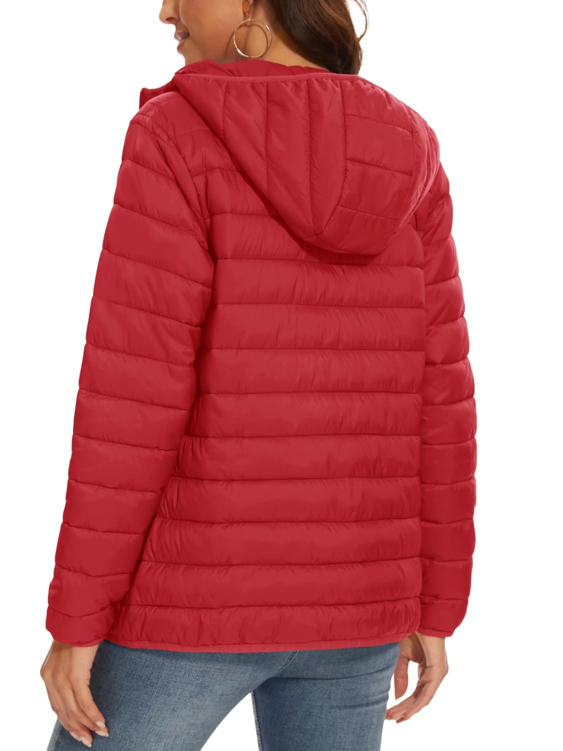 Women's Hooded Puffer Jacket - Water Resistant, Quilted, Padded, Lightweight, Zip-up, 4 Pockets, Casual, Solid, Warm, Fall, Windproof, Hiking, Outdoor, Fishing, Winter Camping Outerwear