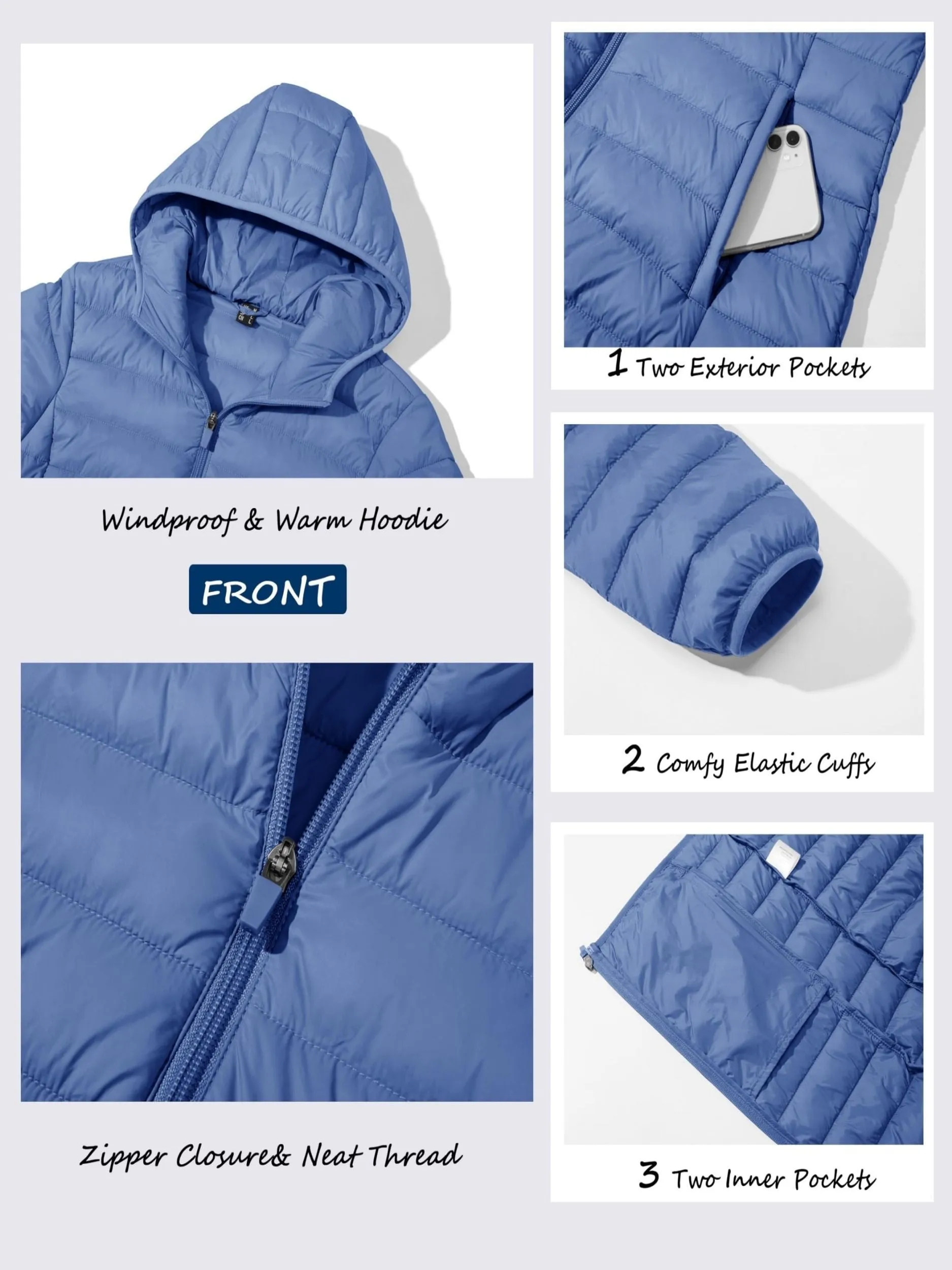 Women's Hooded Puffer Jacket - Water Resistant, Quilted, Padded, Lightweight, Zip-up, 4 Pockets, Casual, Solid, Warm, Fall, Windproof, Hiking, Outdoor, Fishing, Winter Camping Outerwear